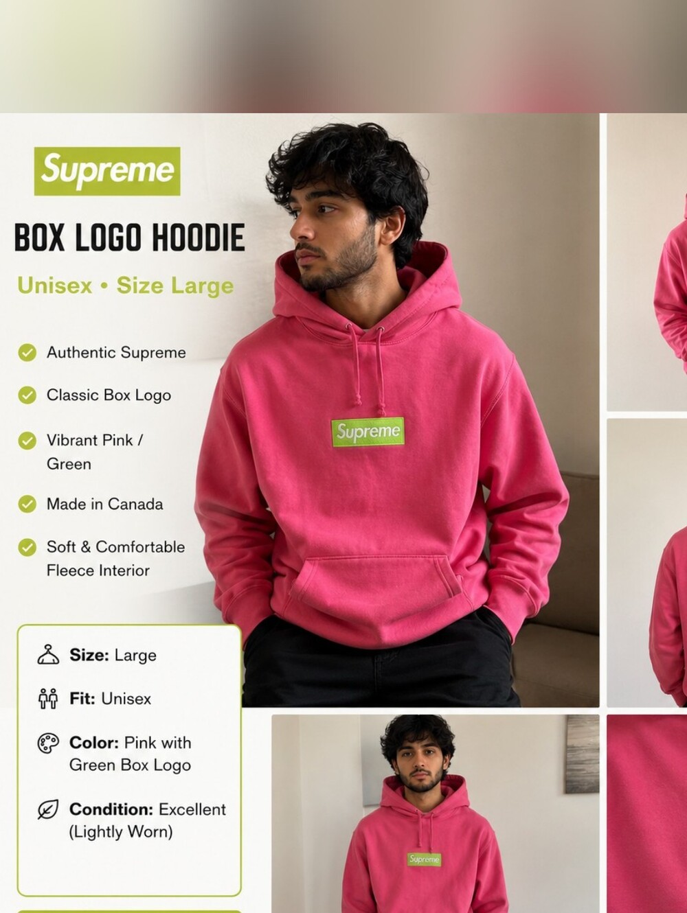 Supreme Pink Hoodie with Lime Green Box Logo SIZE L